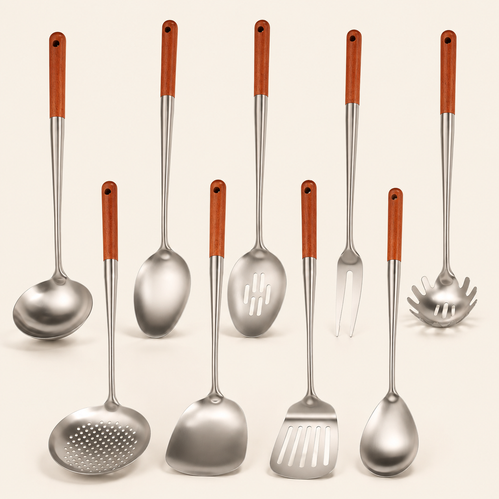 Stainless Steel Kitchen Utensil Set with Wooden Handles, 9 Piece