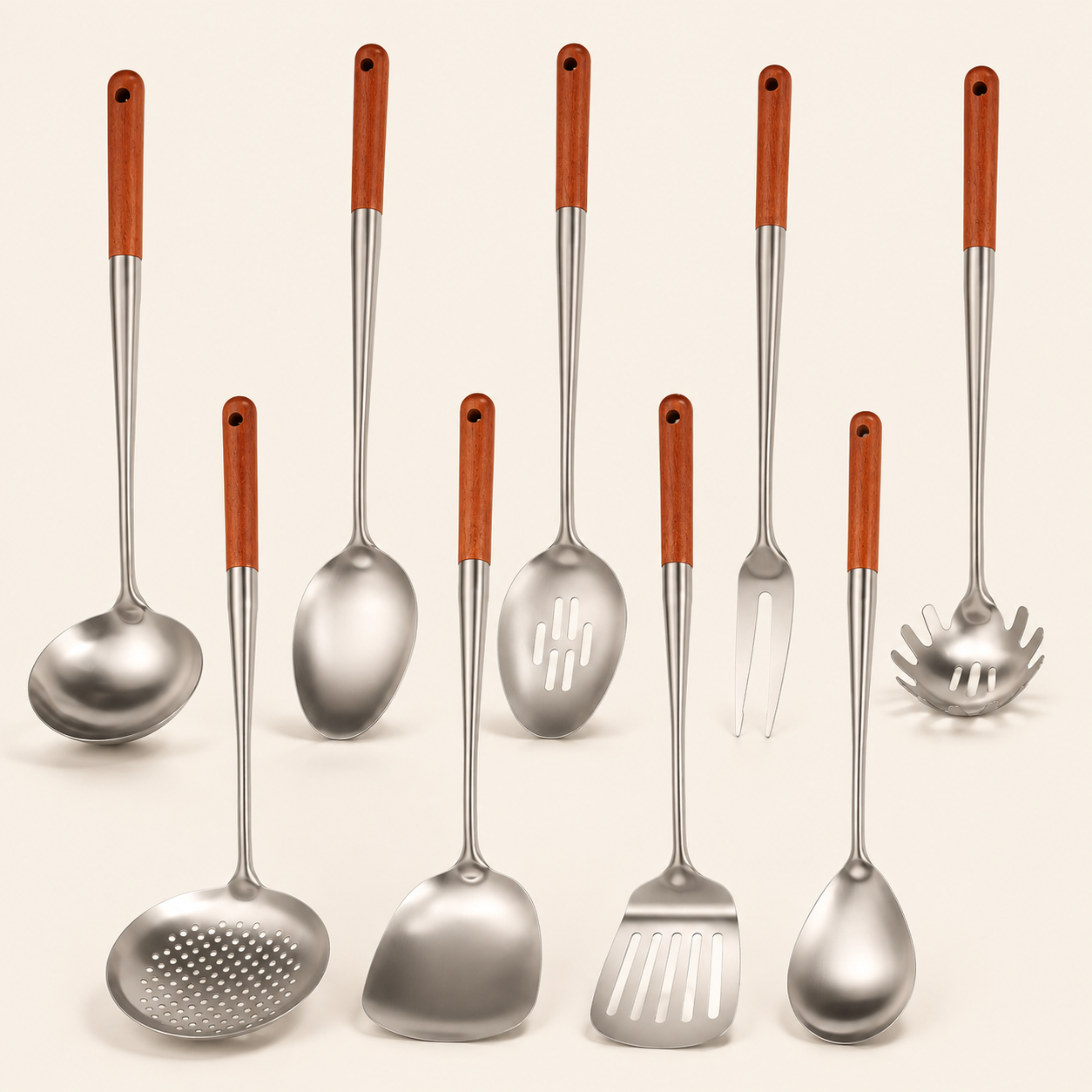Stainless Steel Kitchen Utensil Set with Wooden Handles, 9 Piece