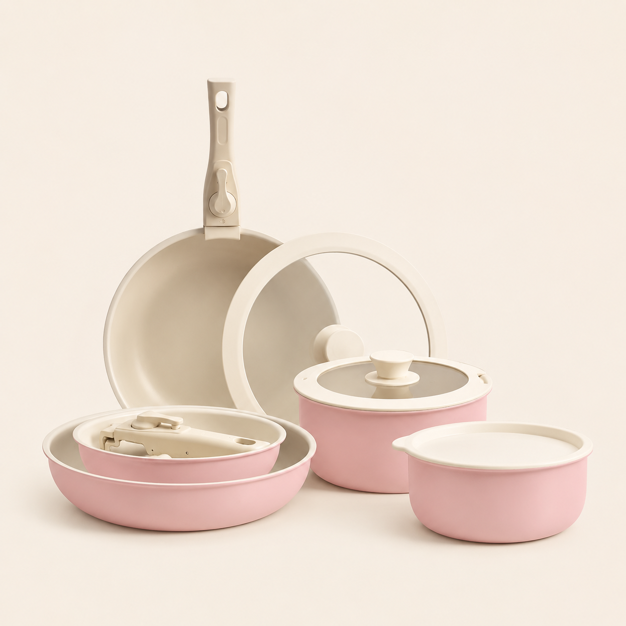 Pink Aluminum Cookware Set with Removable Handle, 7 Piece