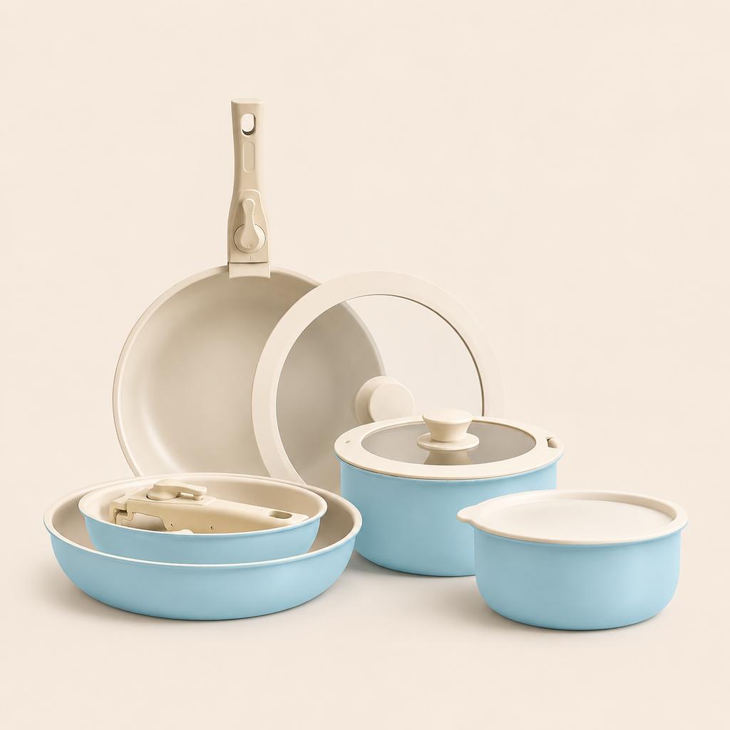 Blue Aluminum Cooking Set with Removable Handle, 7 Piece