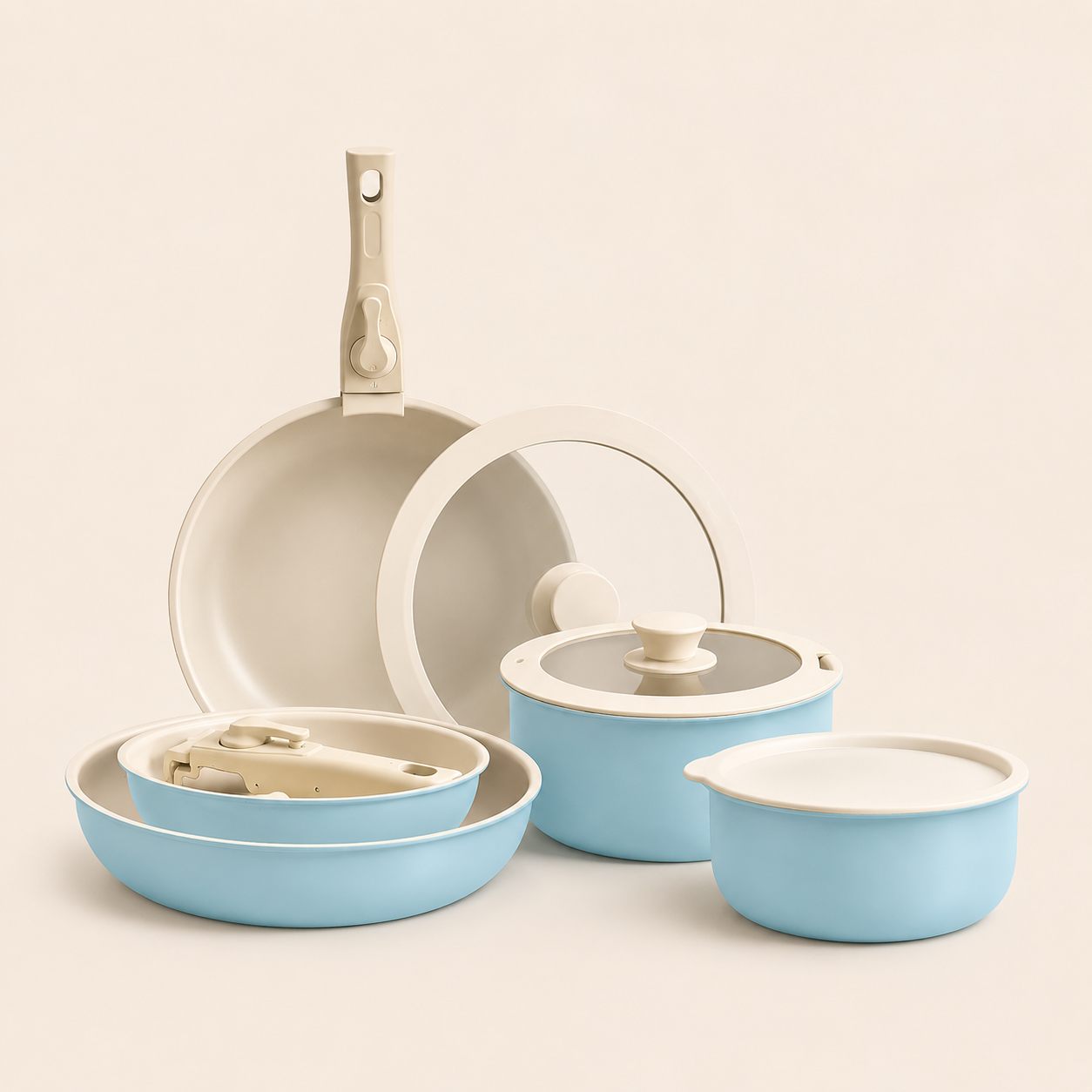 Blue Aluminum Cooking Set with Removable Handle, 7 Piece