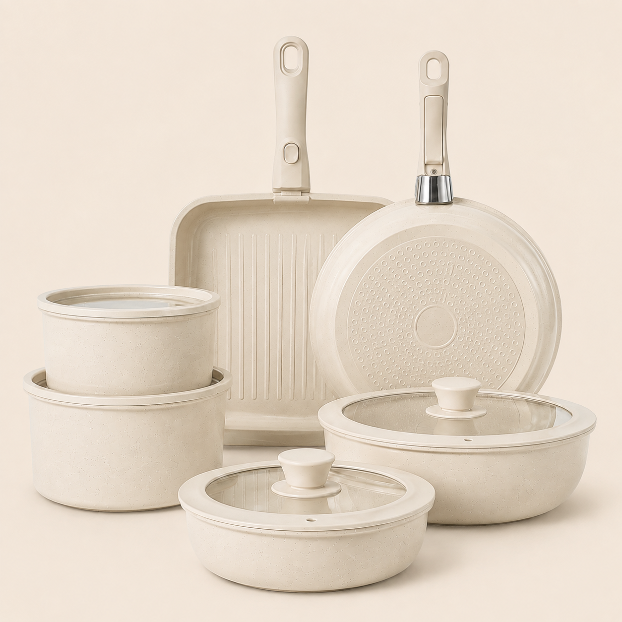 17-Piece Nonstick Cookware Set with Removable Handle White