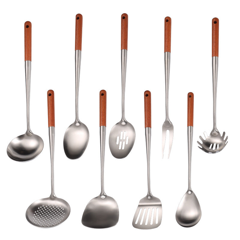 Stainless Steel Kitchen Utensil Set with Wooden Handles, 9 Piece