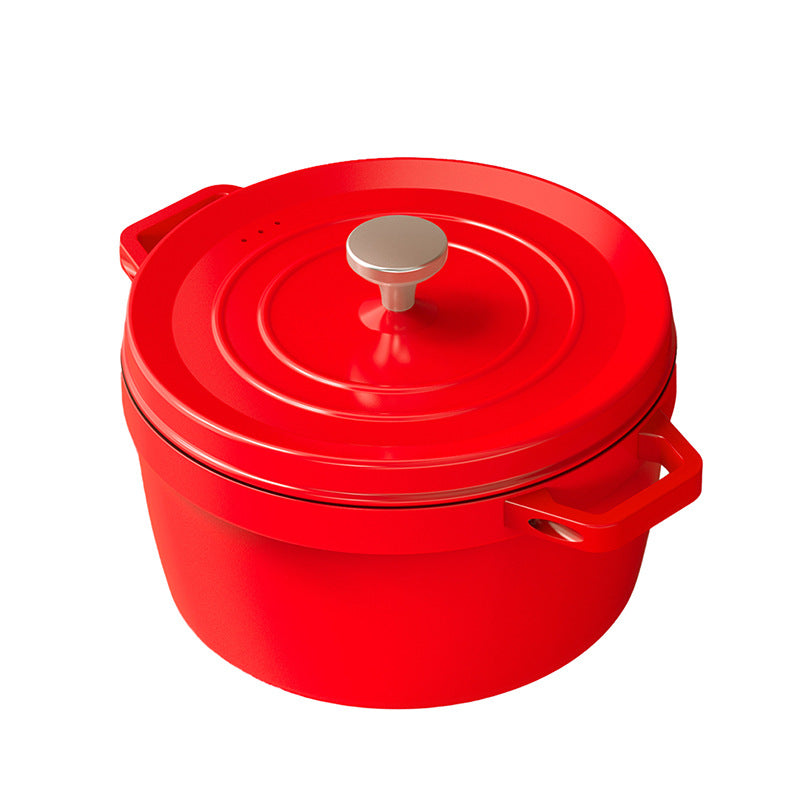 24cm Round Cast Iron Casserole Pot with Cover, Red