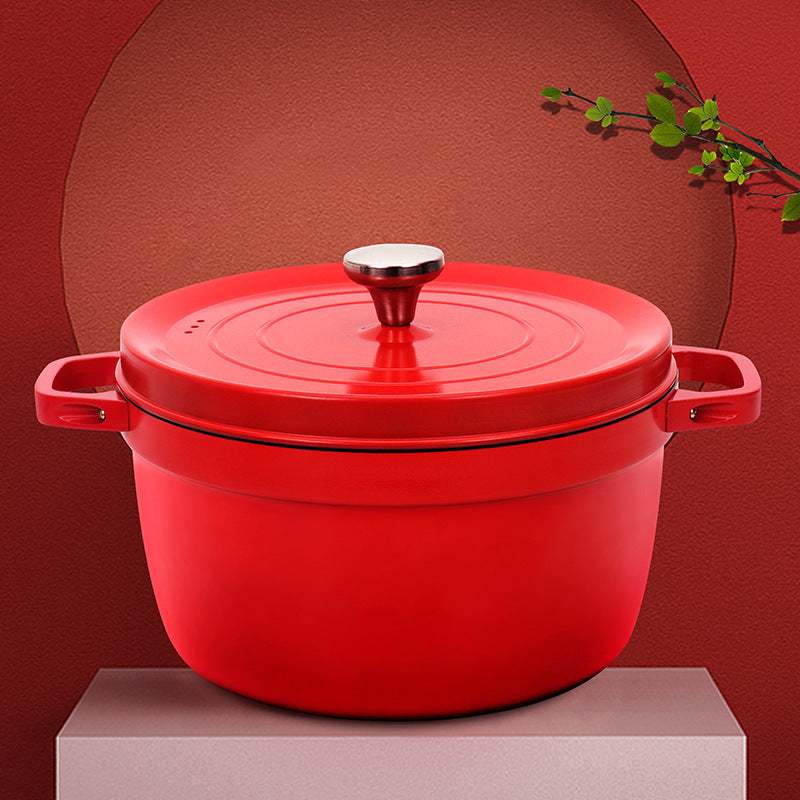 24cm Round Cast Iron Casserole Pot with Cover, Red