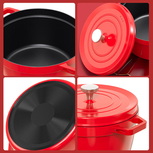 24cm Round Cast Iron Casserole Pot with Cover, Red