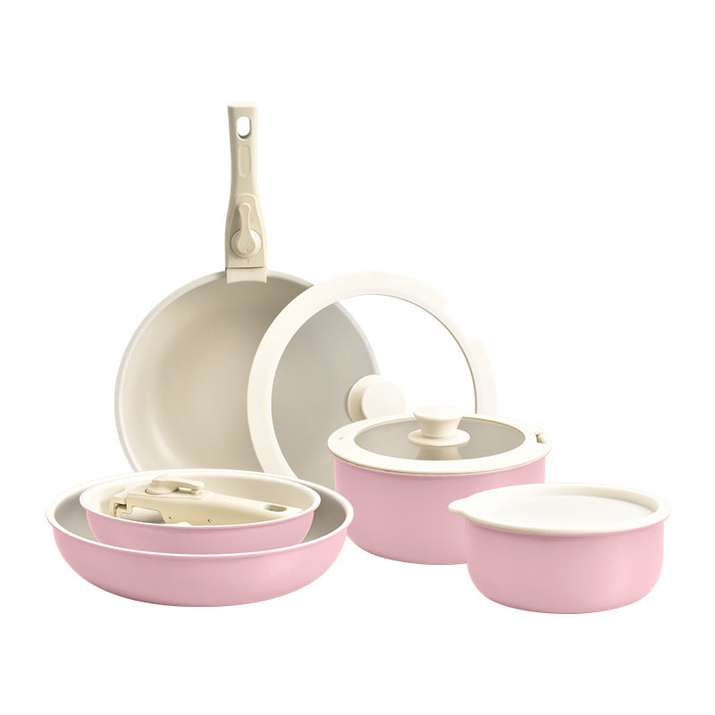 Pink Aluminum Cookware Set with Removable Handle, 7 Piece
