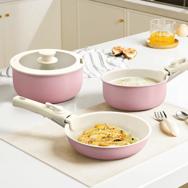 Pink Aluminum Cookware Set with Removable Handle, 7 Piece