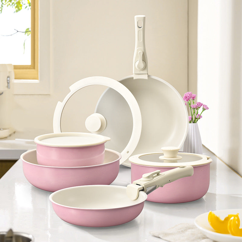 Pink Aluminum Cookware Set with Removable Handle, 7 Piece