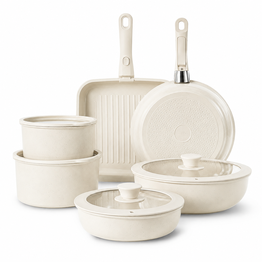 17-Piece Nonstick Cookware Set with Removable Handle White