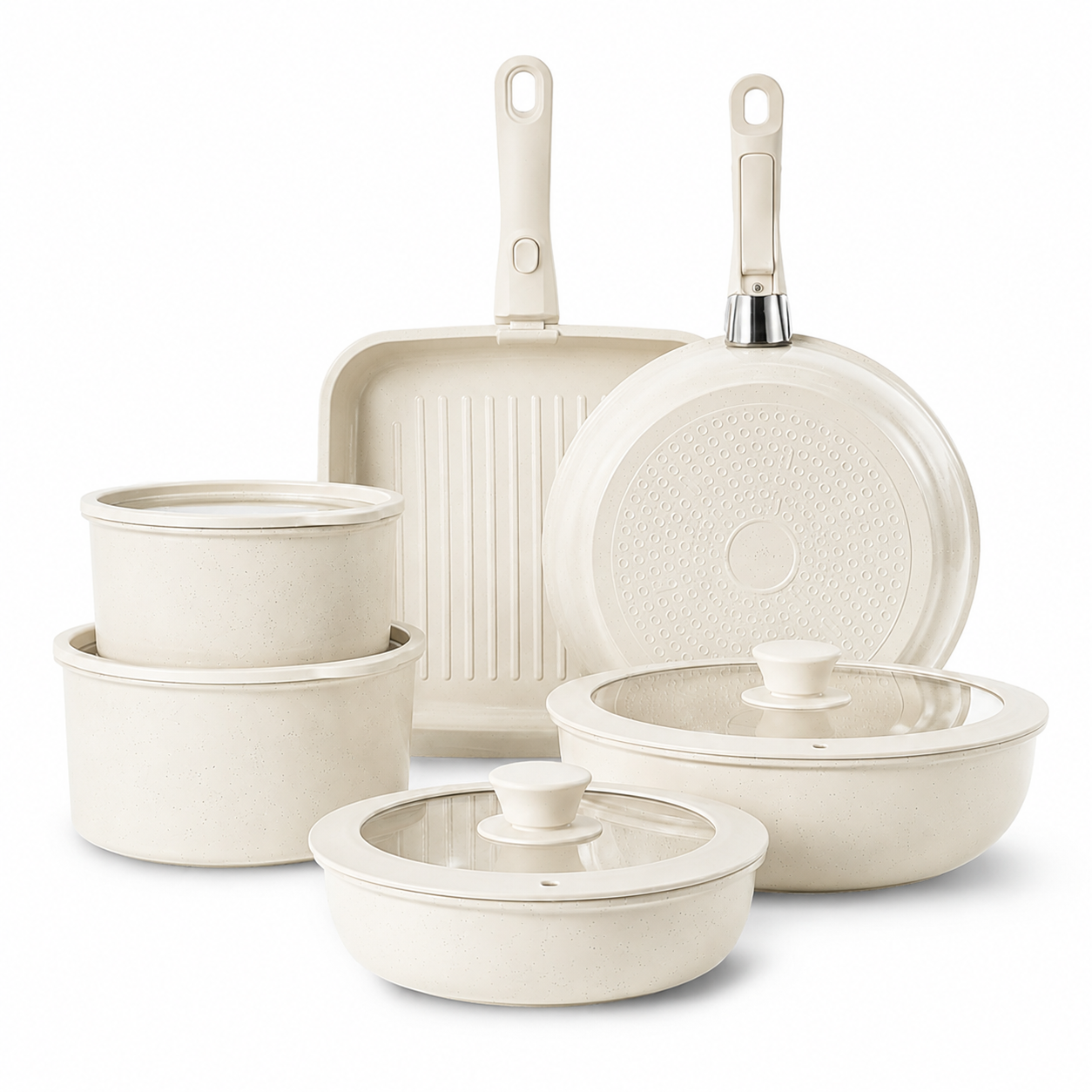 17-Piece Nonstick Cookware Set with Removable Handle White